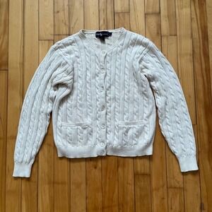 Ralph Lauren Cream Cable Knit Cardigan Womens Large Cotton Sweater Button Front
